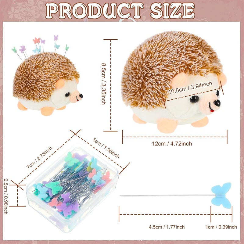 Dingion 101 Pcs Hedgehog Sewing Pincushion Kit Pin Cushions for Sewing Cute Hedgehog Pincushion Butterfly Flat Head Straight Pins DIY Crafts Set Needle Cushions Holder for DIY Jewelry Decor - Image 2